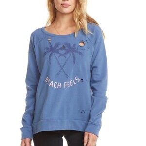 NWT CHASER Beach Feels Distressed Blue Pullover Crewneck Sweater Size M